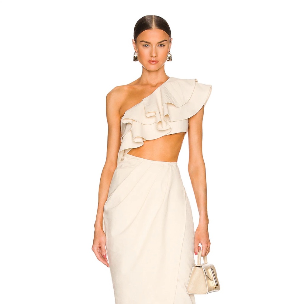 REVOLVE One-Shoulder Ruffle Crop Top and Skirt Set in Cream